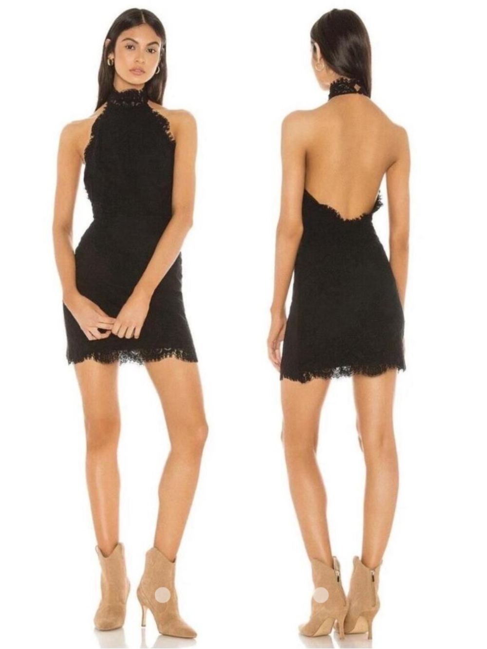 Free People Black Lace High Neck Open-Back Mini Dress Small